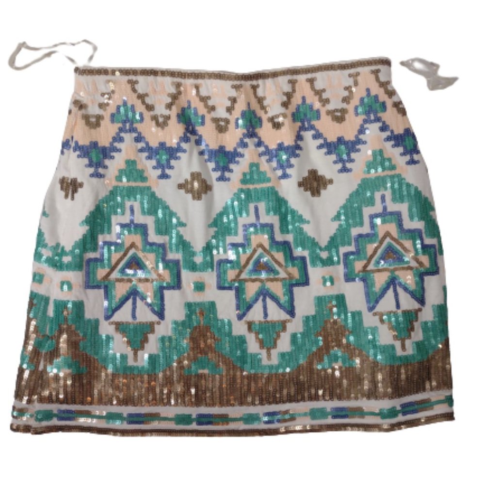 Francesca's Miami Sequin Aztec Geometric Mini Skirt Teal Gold Women's Size Small